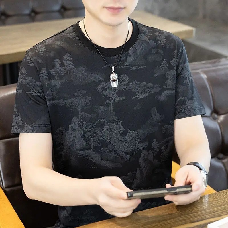 Men&rsquo;s Ice Silk Cooling T-Shirt Summer Print Casual Short Sleeve O-Neck Top