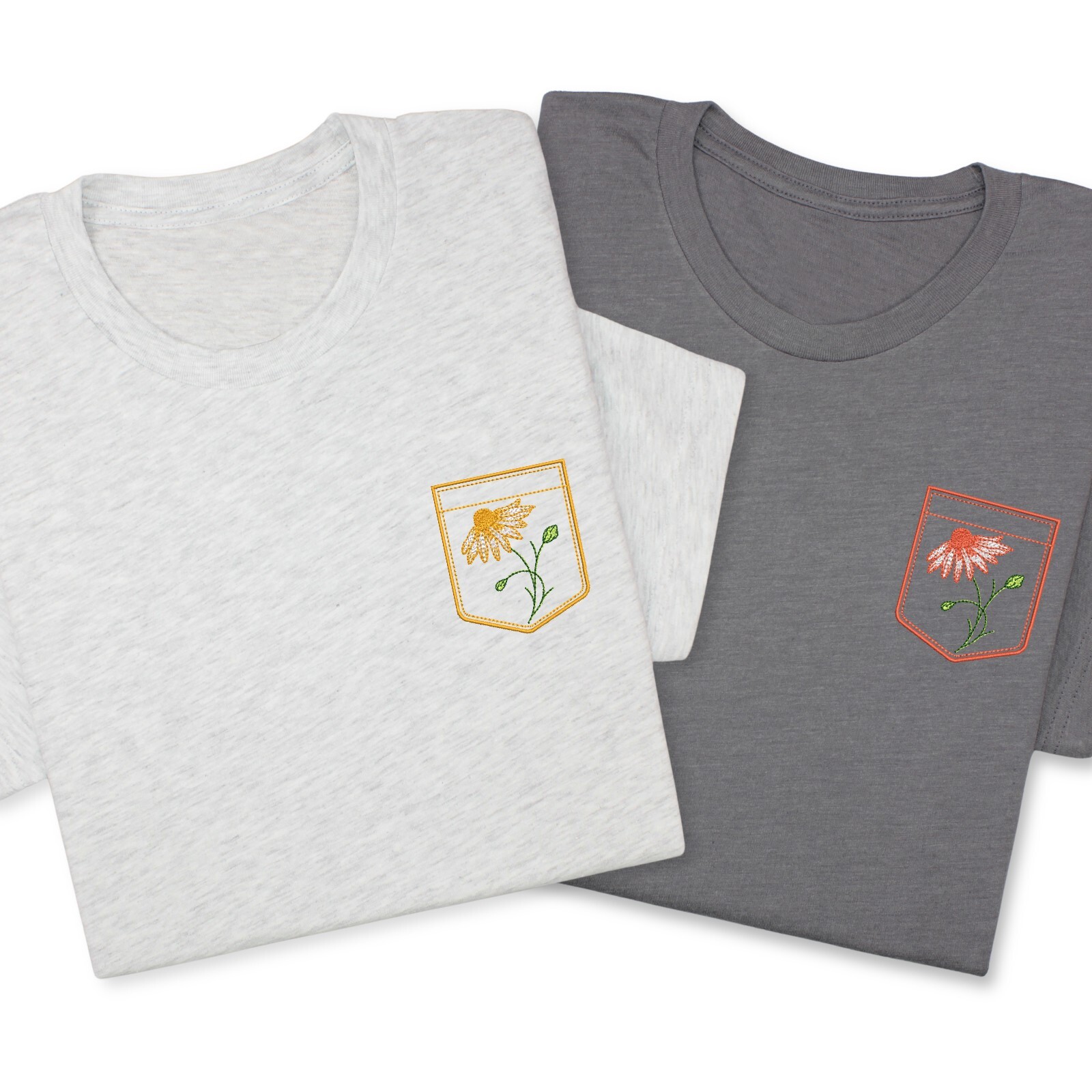 Floral Faux Pocket T-Shirt, Red Daisy Embroidery, Botanical Nature Gift Tee