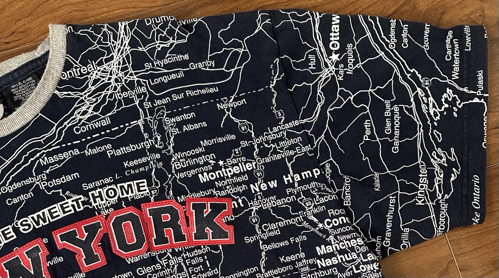 Vintage New York State Map Navy Shirt Mens XL Home Sweet Home All Over AOP