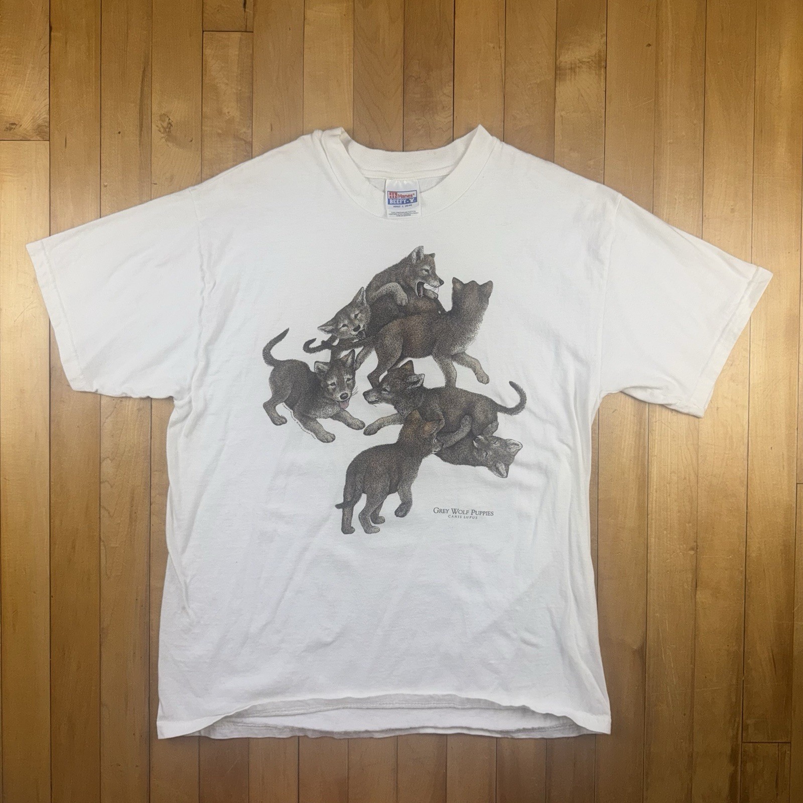 Vintage Hanes Beefy T Grey Wolf Puppies Wildlife Graphic T Shirt White Adult L