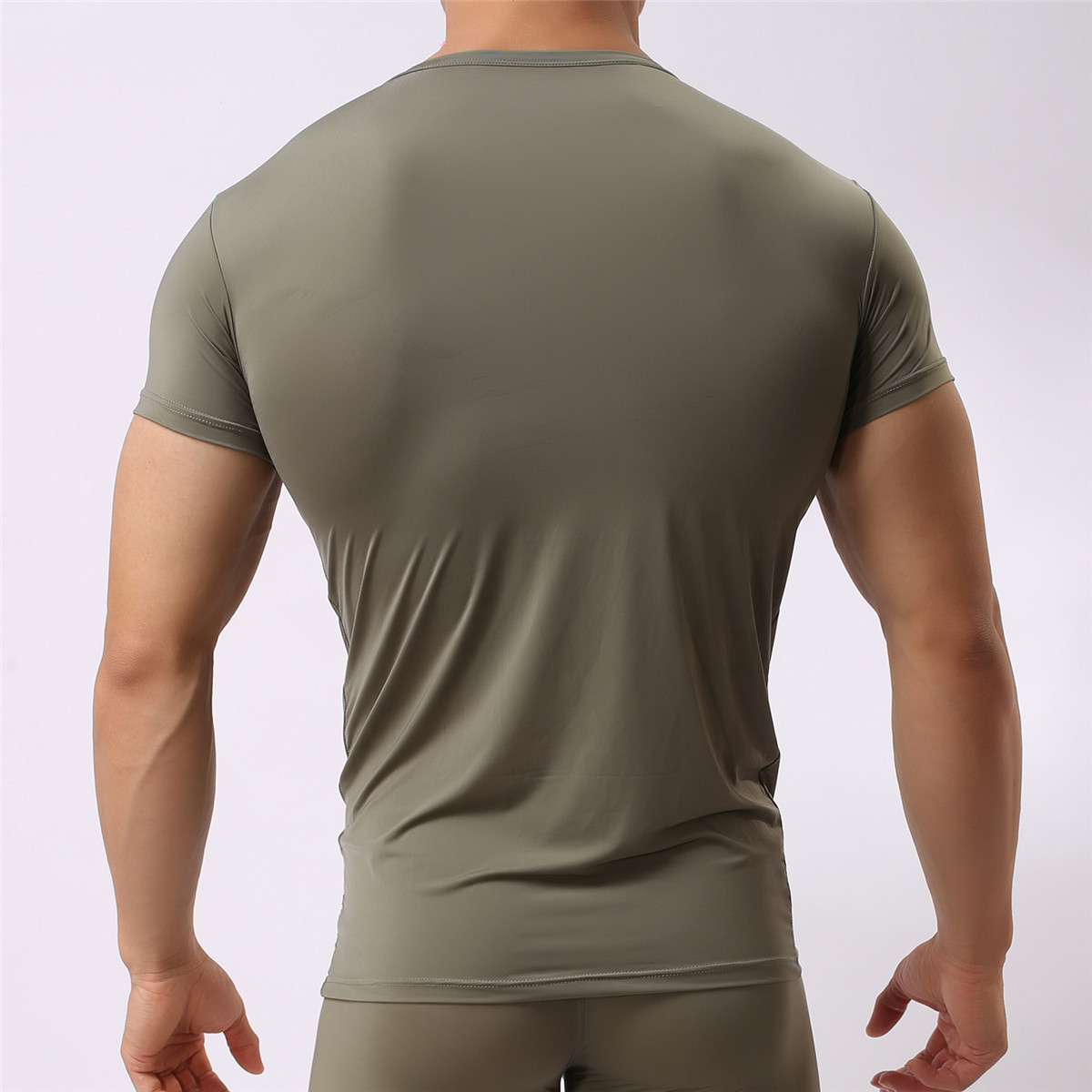 Men&rsquo;s Smooth T-Shirt Sheer Gym V-Neck Tops Slim Fitness Soft Tight Short Tee Hot