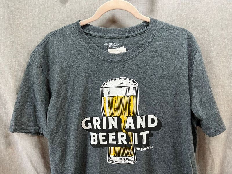 Grin And Beer It Shirt Adult Large Gray Short Sleeve Pullover Tee Mens