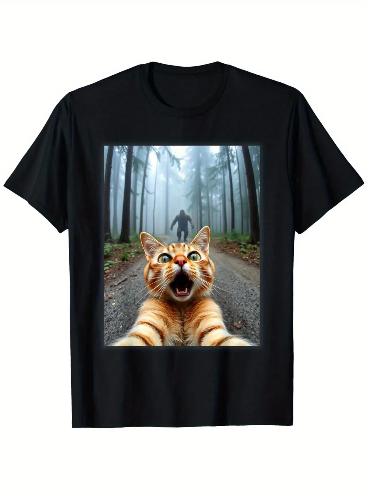 1pc Men&rsquo;S Funny Cat Selfie & Sasquatch Graphic Tee