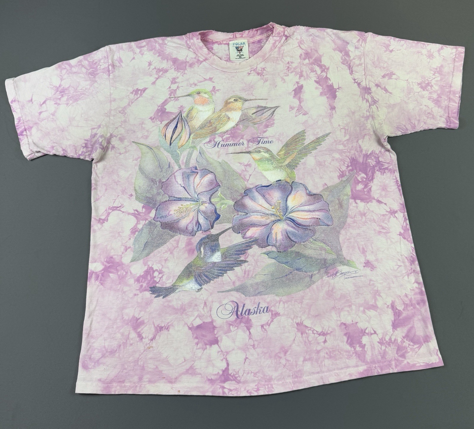 Vintage 90s Hummer Time Alaska Bird Flower Tie Dye Art Shirt XL Rare Promo Tee