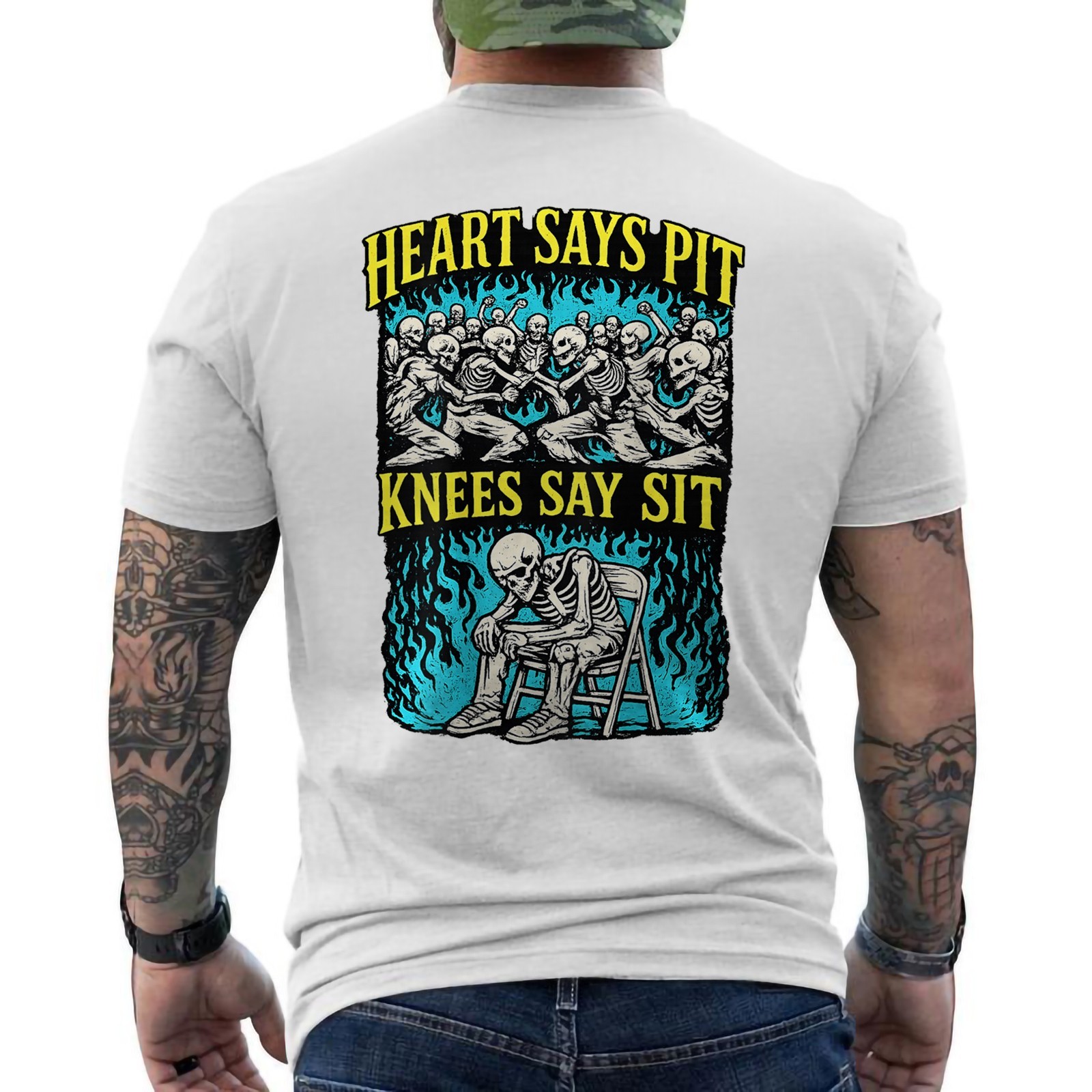 Heart Says Pit Knees Say Sit Funny Skeleton Gym And Concert ON BACK T-Shirt