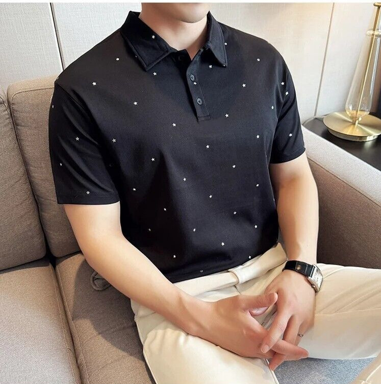 New Men Luxury Beaded Stars Fashion Polo T-Shirt Black White High Quality