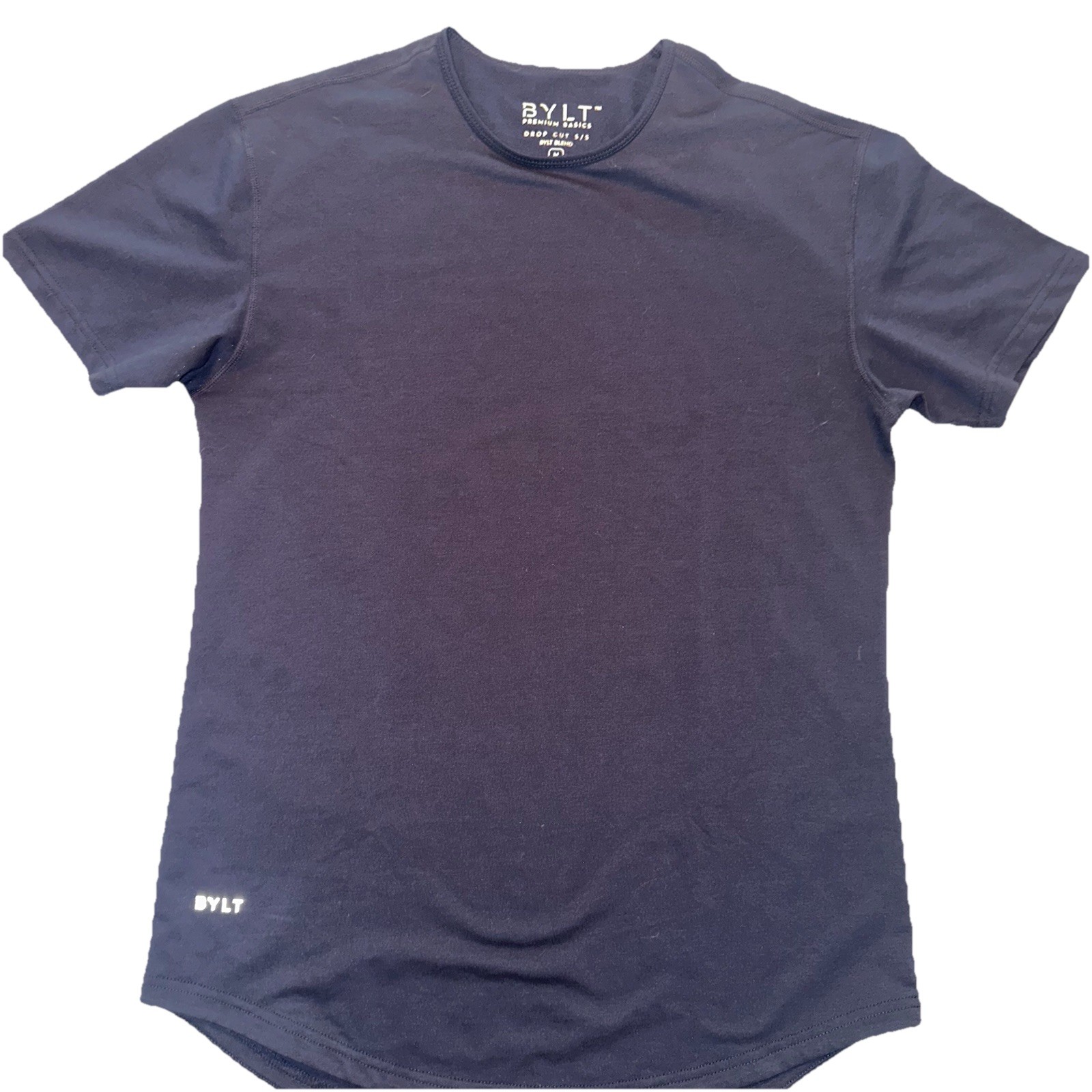 BYLT Premium Basics Mens Size M Drop Cut Signature T-Shirt Navy Blue Curved Hem