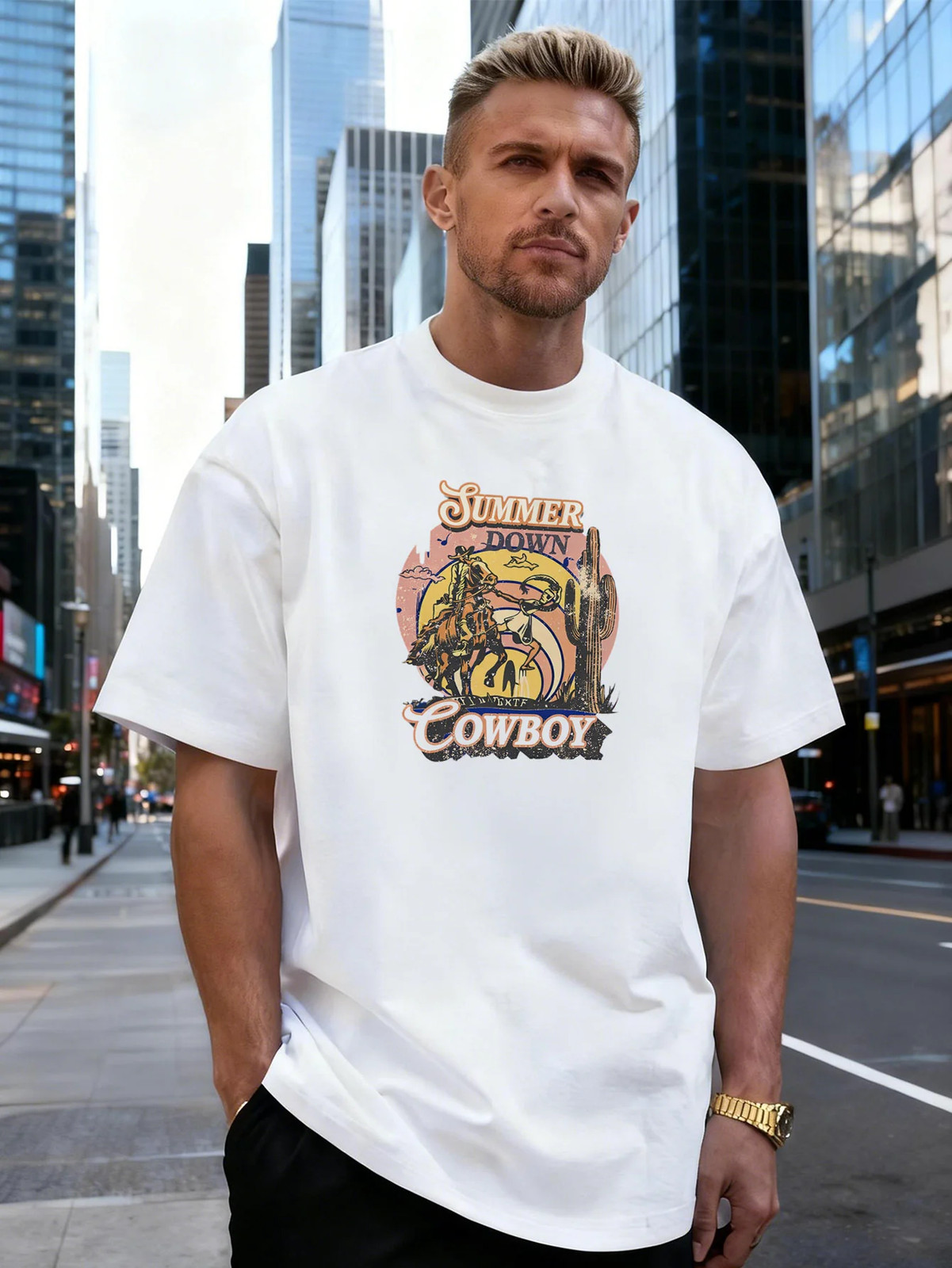 Cowboy Sunset Graphic 100% Cotton Men&rsquo;s T-Shirt, Suitable for Daily Streetwear