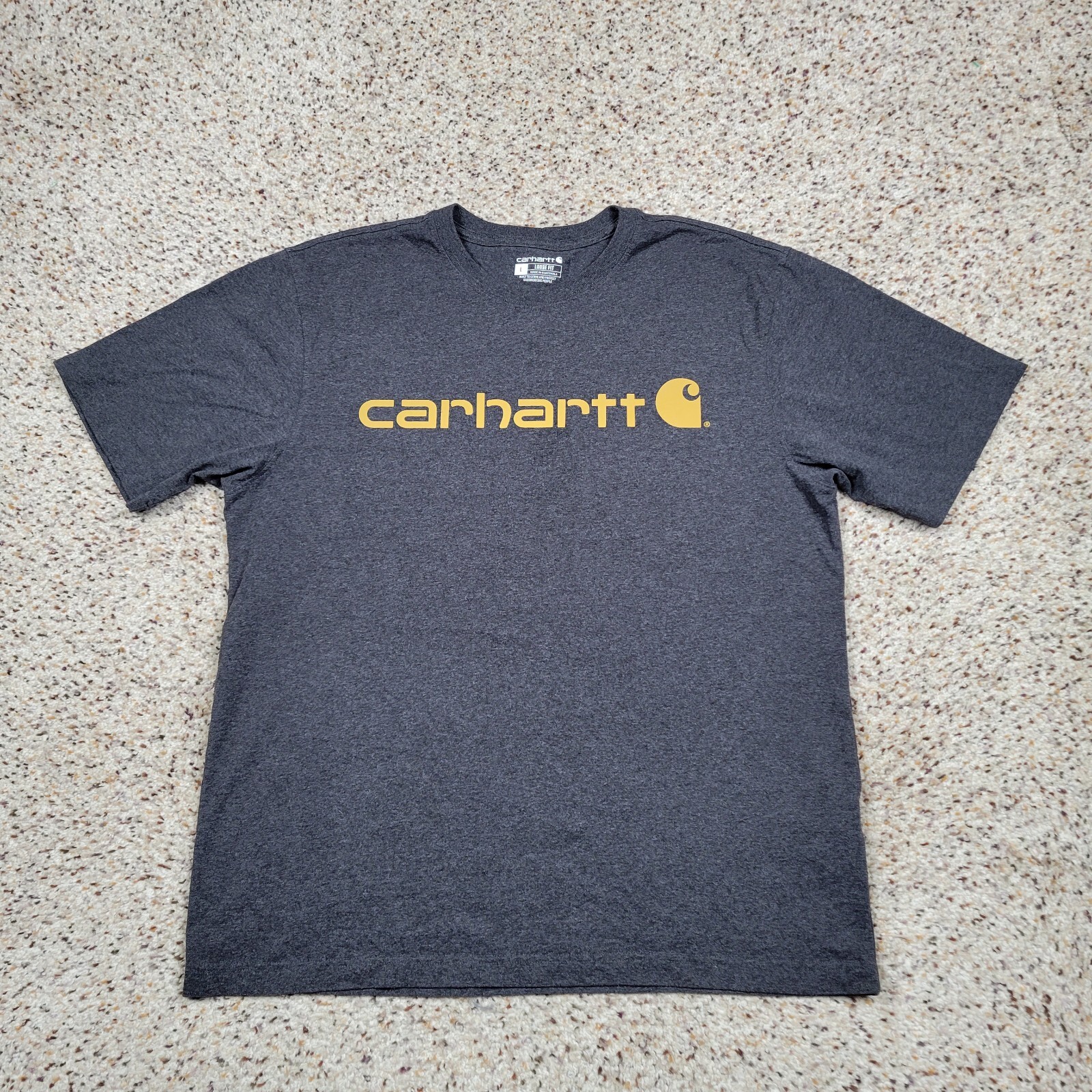 Carhartt Shirt Mens Large Gray Yellow Spell Out Tee Work Wear Outdoors Adult A12