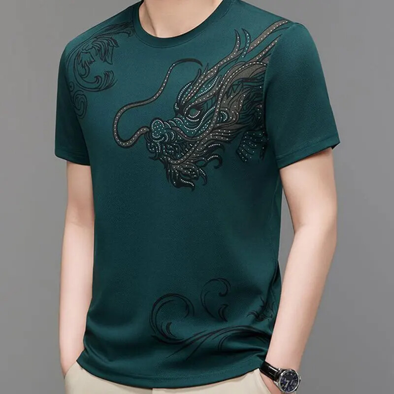 New Men Fashion Trend Dragon Rhinestones Hot Drill Short Sleeve Summer T-Shirt