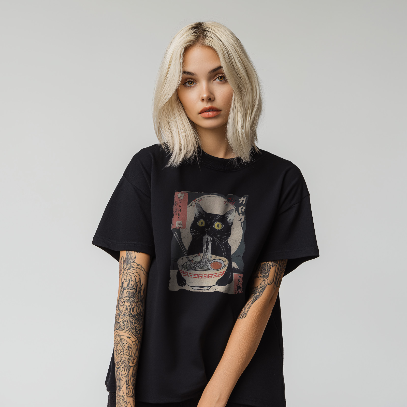 Black Cat Ramen T-Shirt – Japanese Noodle Bowl Graphic Tee A296