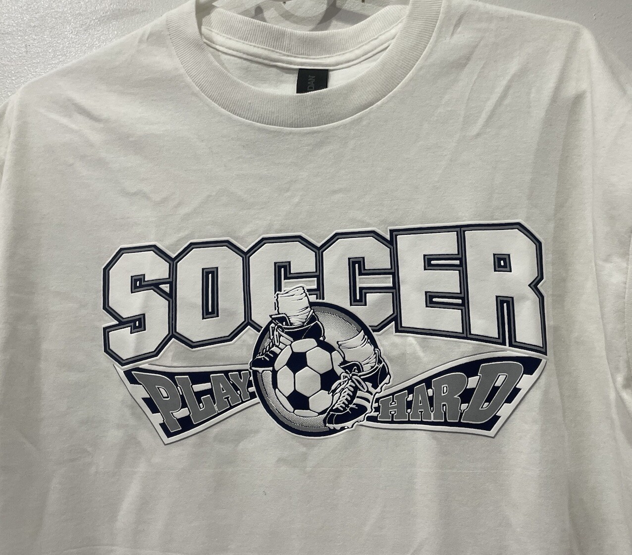 Gildan White Men T-shirt Grey Blue Soccer Graphic Size M Heavy Cotton NWOT