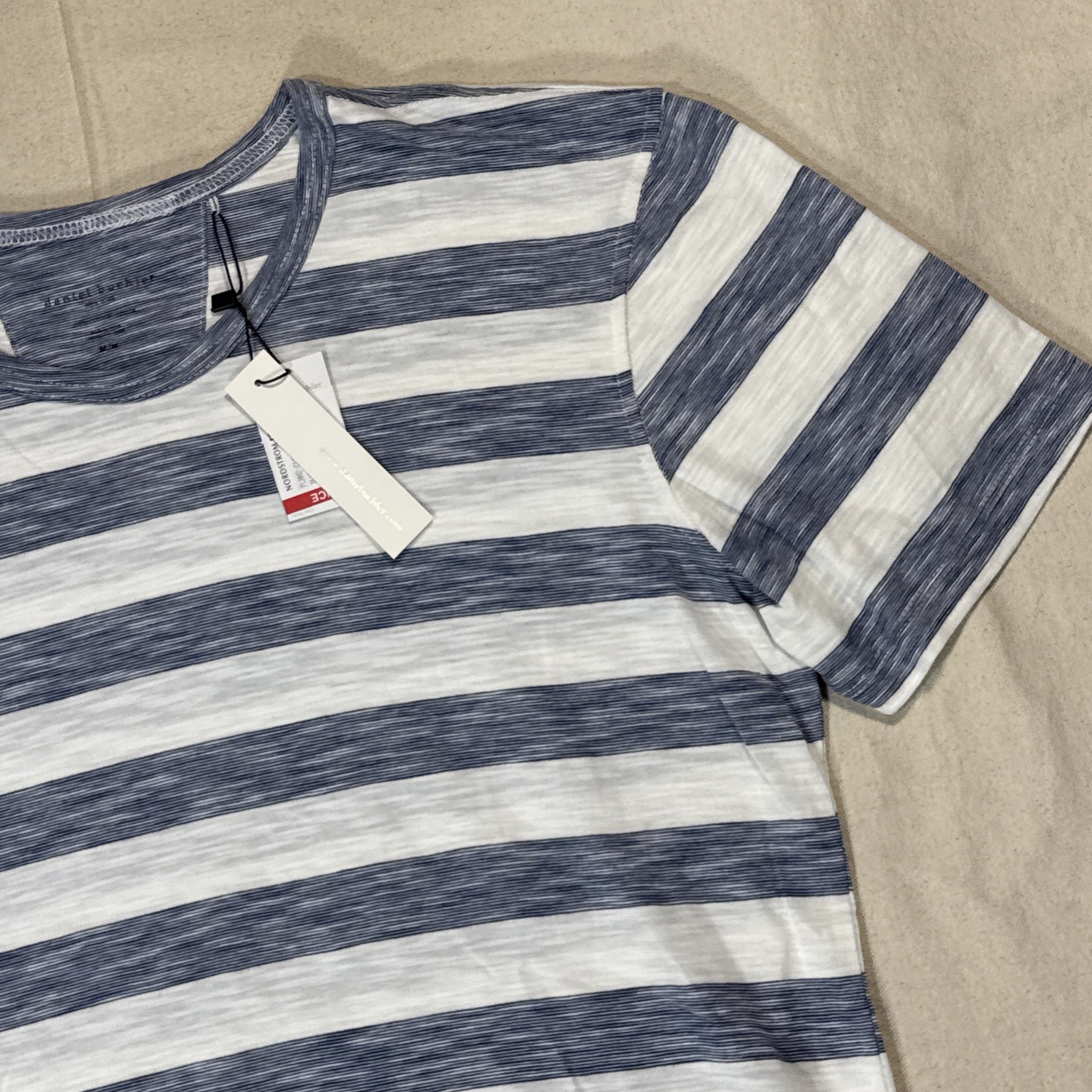 Daniel Buchler Shirt Mens M Blue White Striped Stretch Crew Neck Jersey Tee NWT