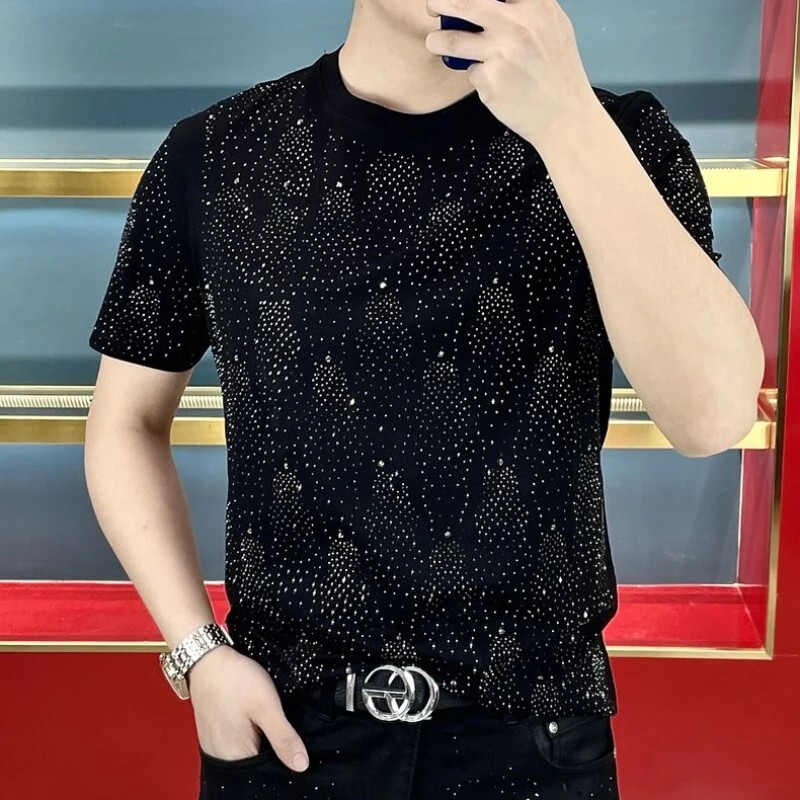 New Men Fashion Trend Starry Print Summer Streetwear Short Sleeve Black T-Shirt