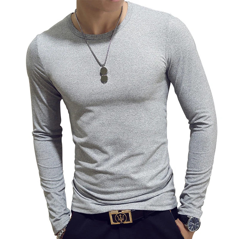 Men T Shirt Long Sleeve Slim Fit Solid Color Round Neck V Neck Cotton Top