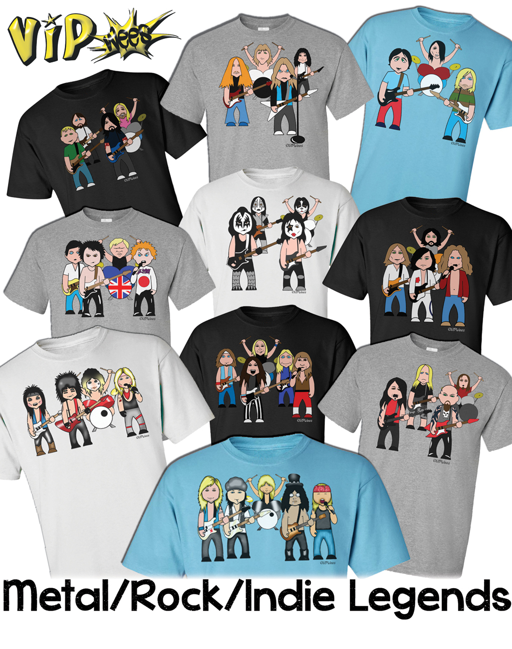 VIPwees Mens T-Shirt ORGANIC Cotton Rock Metal Inspired Caricature Choose Design
