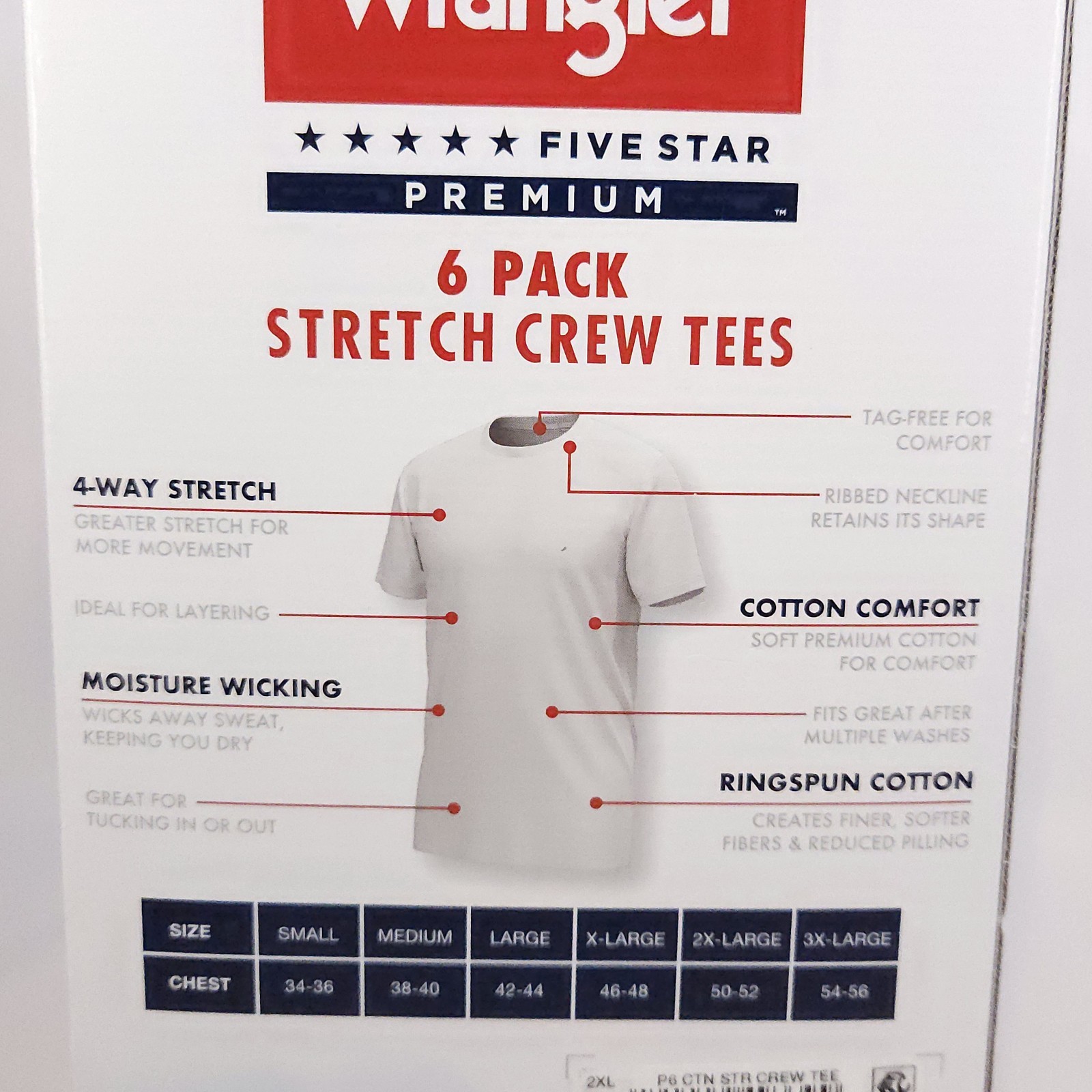 Wrangler Men Crew Neck Undershirts White Cotton Stretch T Shirts 6 Pack Size 2XL
