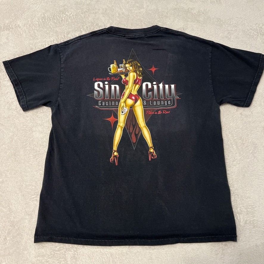 City of Sin Casino & Lounge T-Shirt Men&rsquo;s Large Black Faded Double Sided 90s