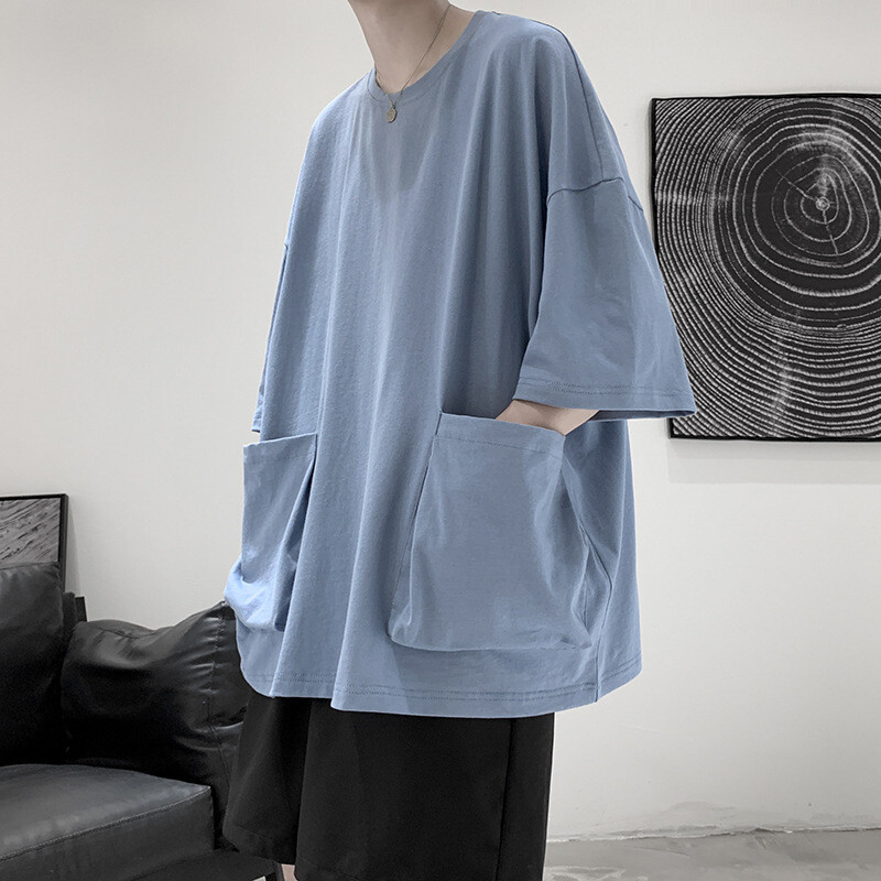 Men Big Pocket T Shirt Loose Oversized Raglan Half Sleeve Tee Tops Harajuku