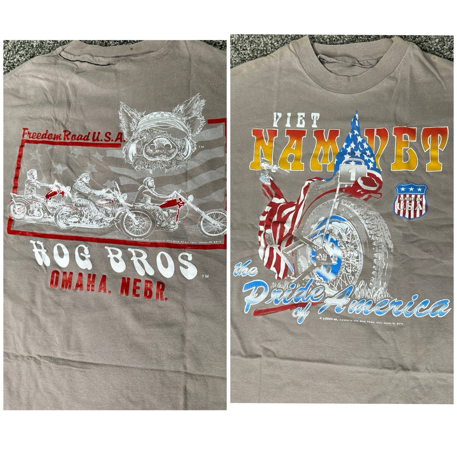 Vintage 80s 90s HD Vietnam Vet Pride of America Hog Bros T-Shirt Size Medium USA