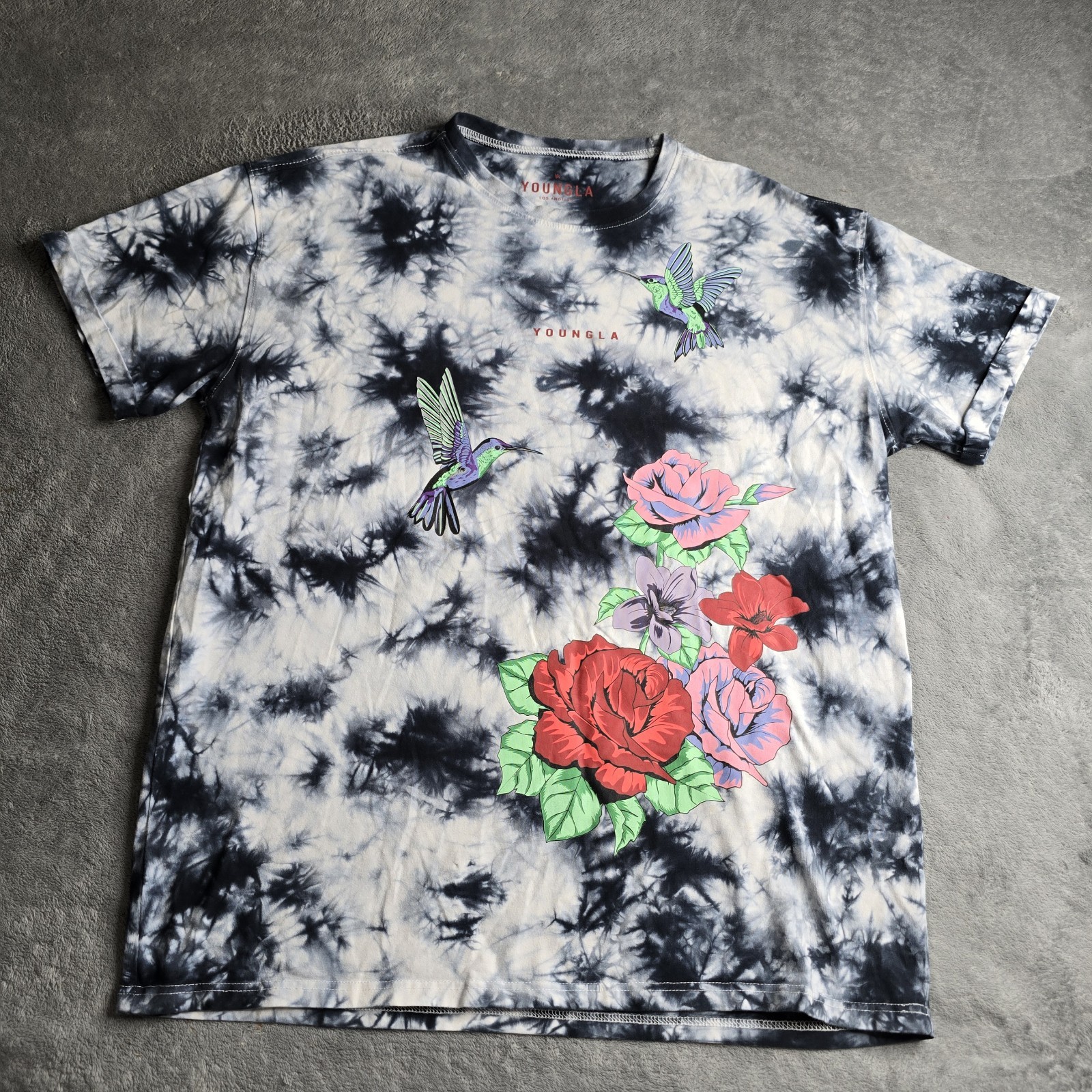 Youngla Shirt Mens Large Black White Tie-Dye Floral Hummingbird Short Sleeve