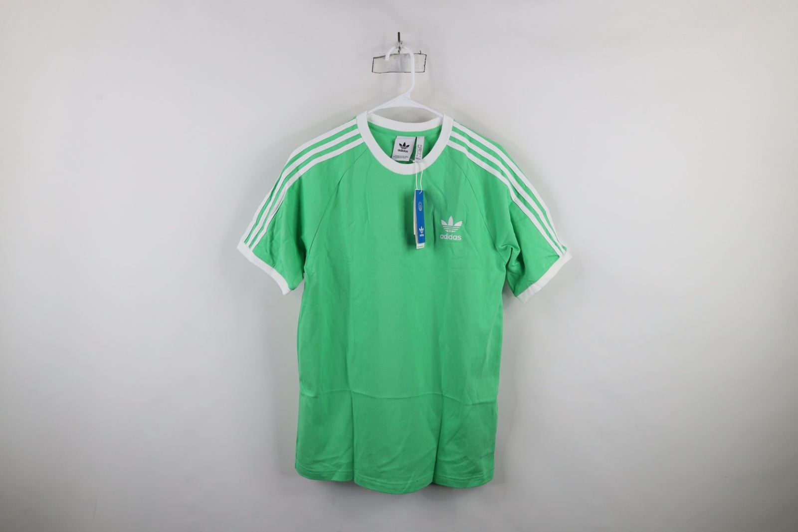 New Adidas Mens M Spell Out Trefoil Striped Short Sleeve Ringer T-Shirt Green