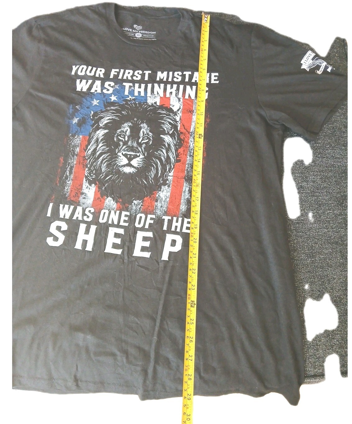 I Love My Freedom Lion American Flag Graphic T-Shirt Mens XL Black Patriotic Tee