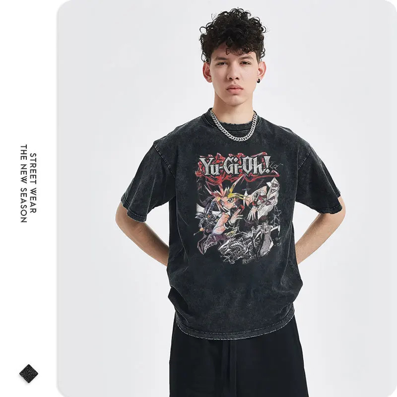 Anime Y-Yu Gi Oh T Shirts Men Retro Vintage Washed Yugi Muto Printed T-Shirt Ove