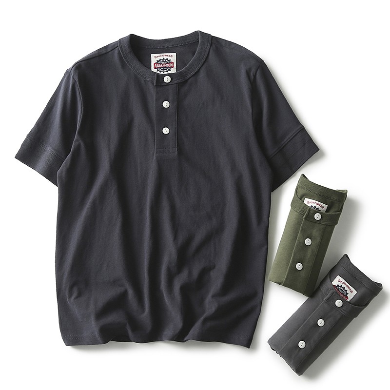 American Summer New Mens Cotton Henry Collar Retro Casual Short-Sleeved T-Shirt