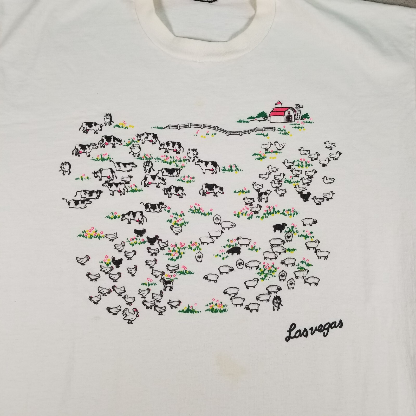 VTG Cow Farm Shirt Mens XL All Over Print Sheep Single Stitch Las Vegas STAINED