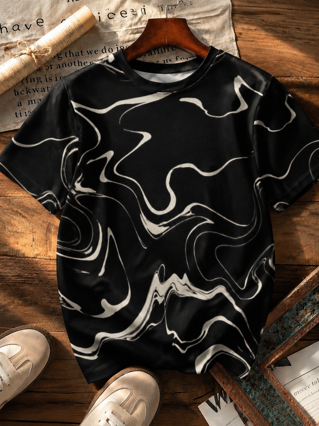 Men&rsquo;s Round Neck Tee, Black White Marble Swirl Print, Casual Street Short Sleeve