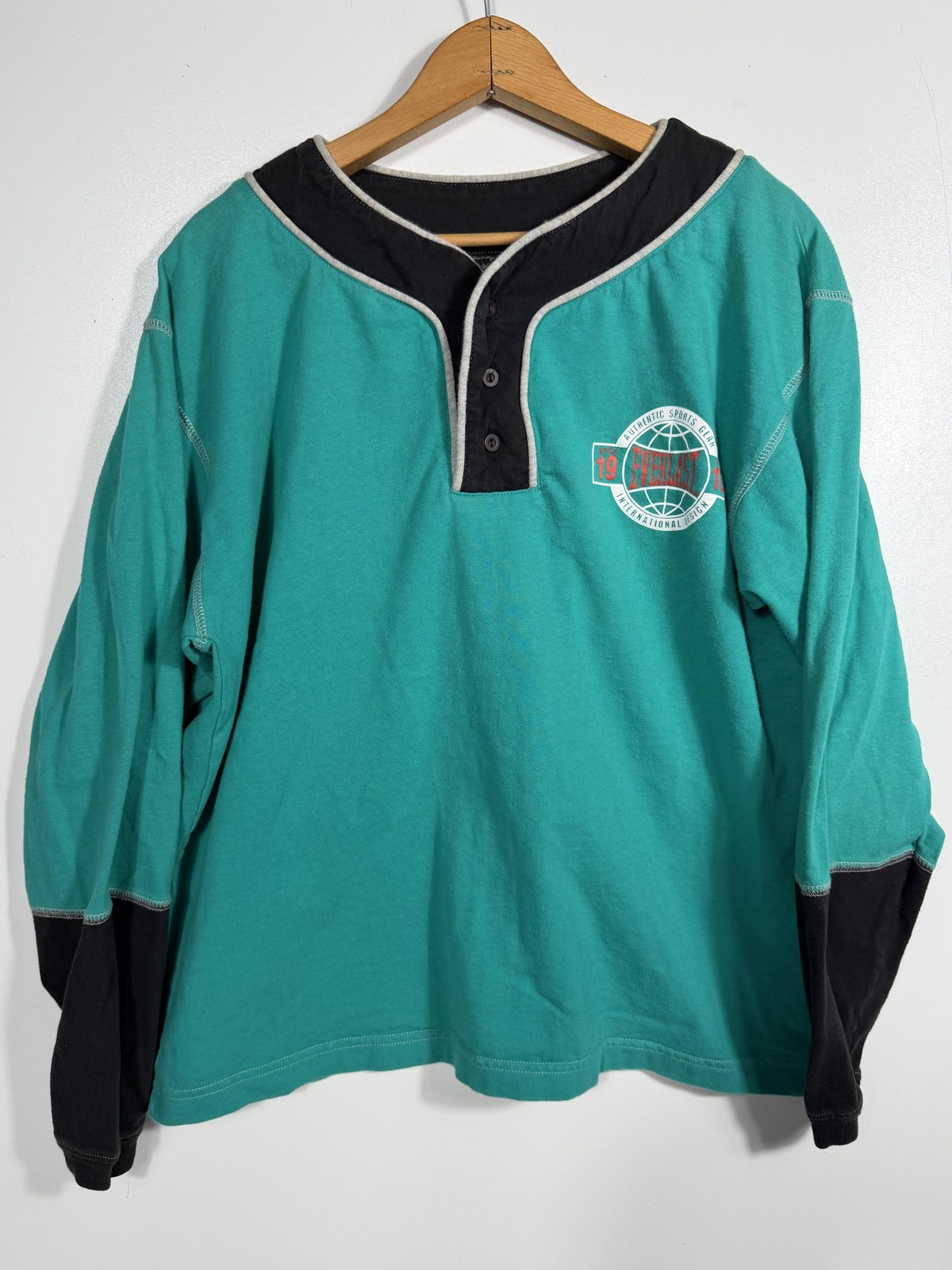 Vtg Everlast T Shirt Mens M Green Henley Long Sleeve Boxing Graphic Sportswear