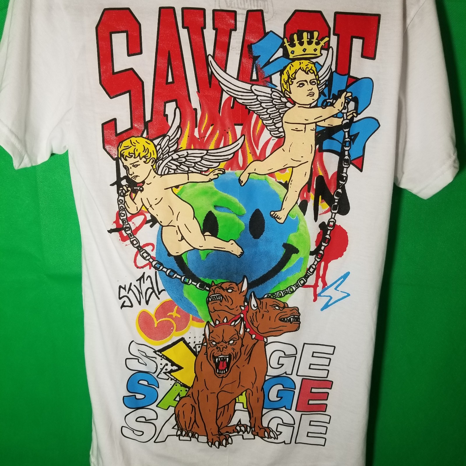Fresh Laundry Men Small Pitbull Graphic White Savage Earth Fire Shirt Streetwear