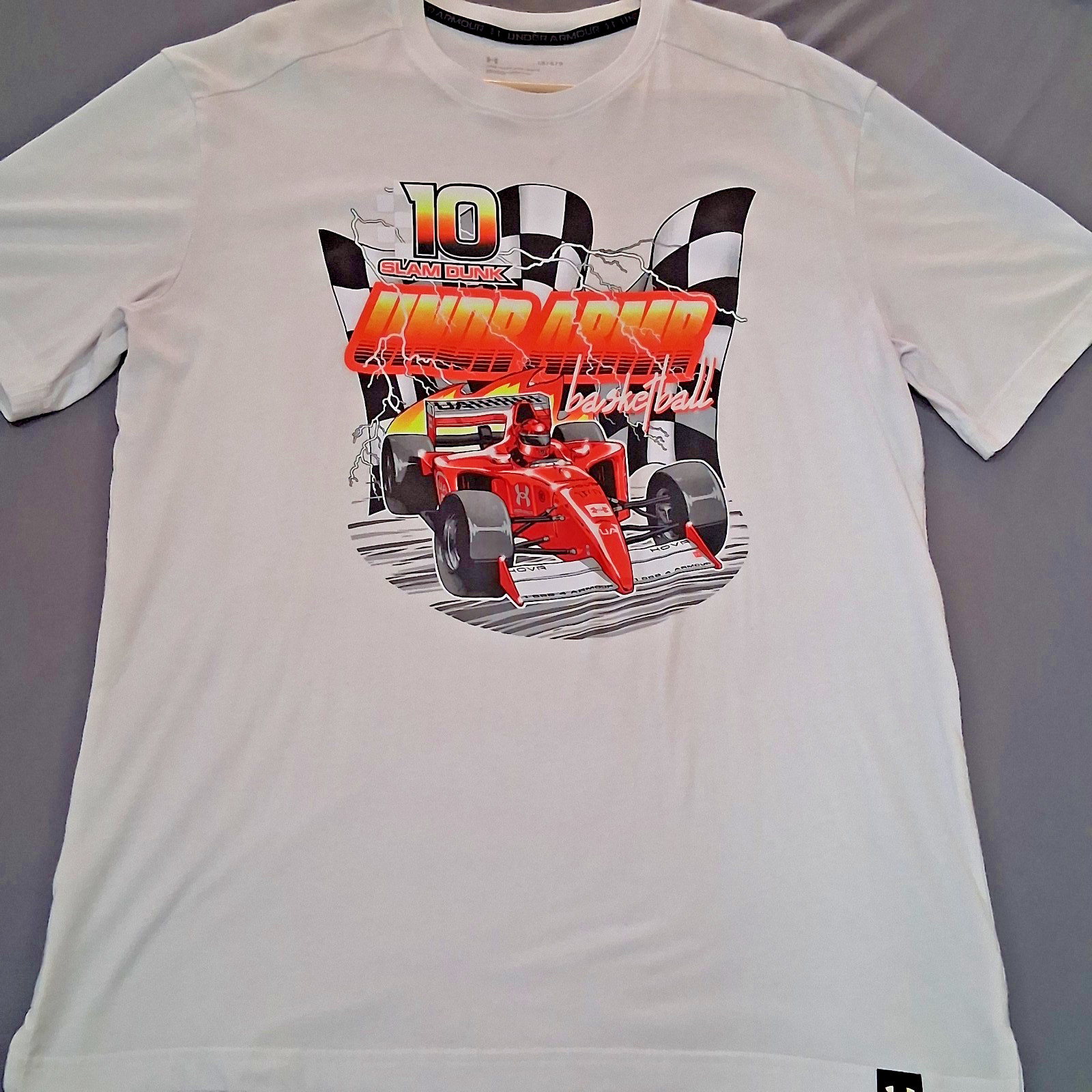 Under Armour Hoops Finish Line Racing Basketball Shirt Men’s Large White Graphic