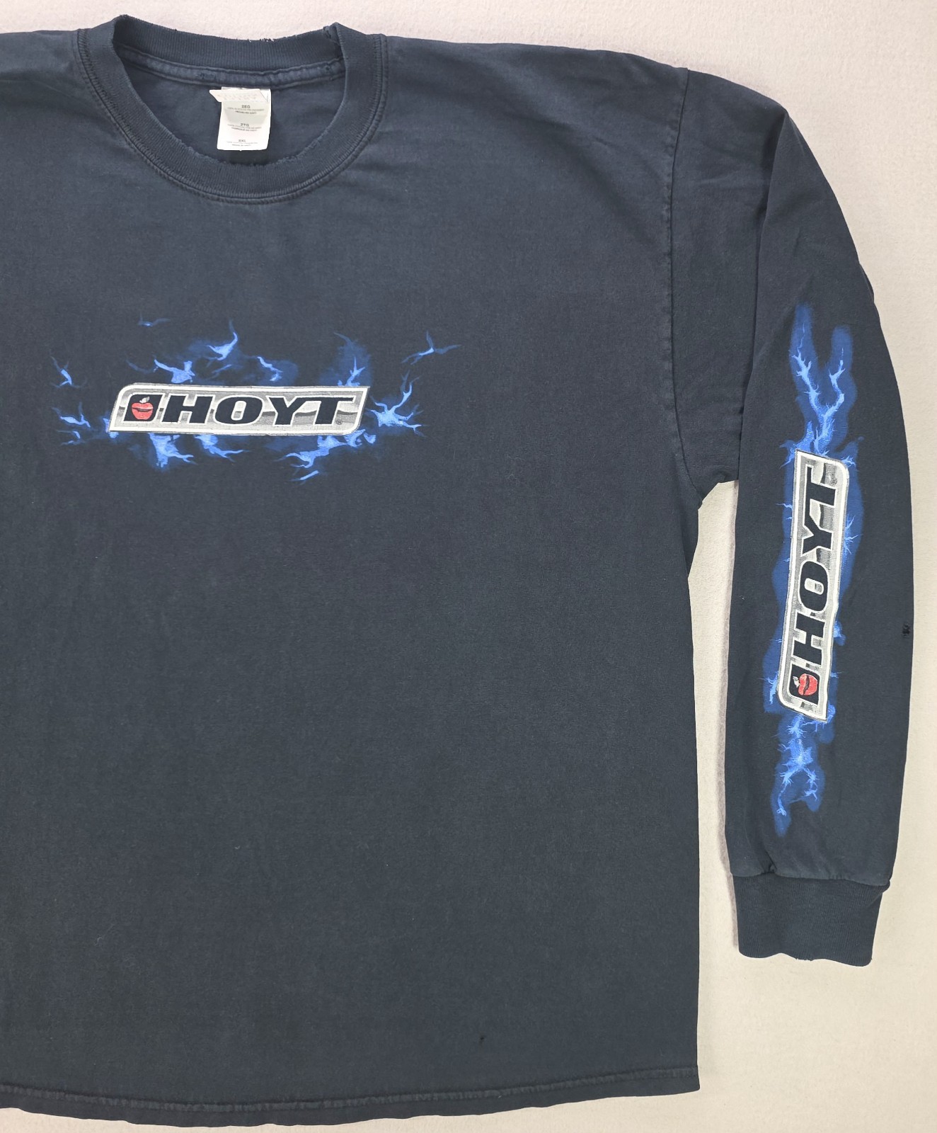 Vintage Hoyt Archery Blue Flame Long Sleeve Shirt Gildan 2XL Black Faded Rare