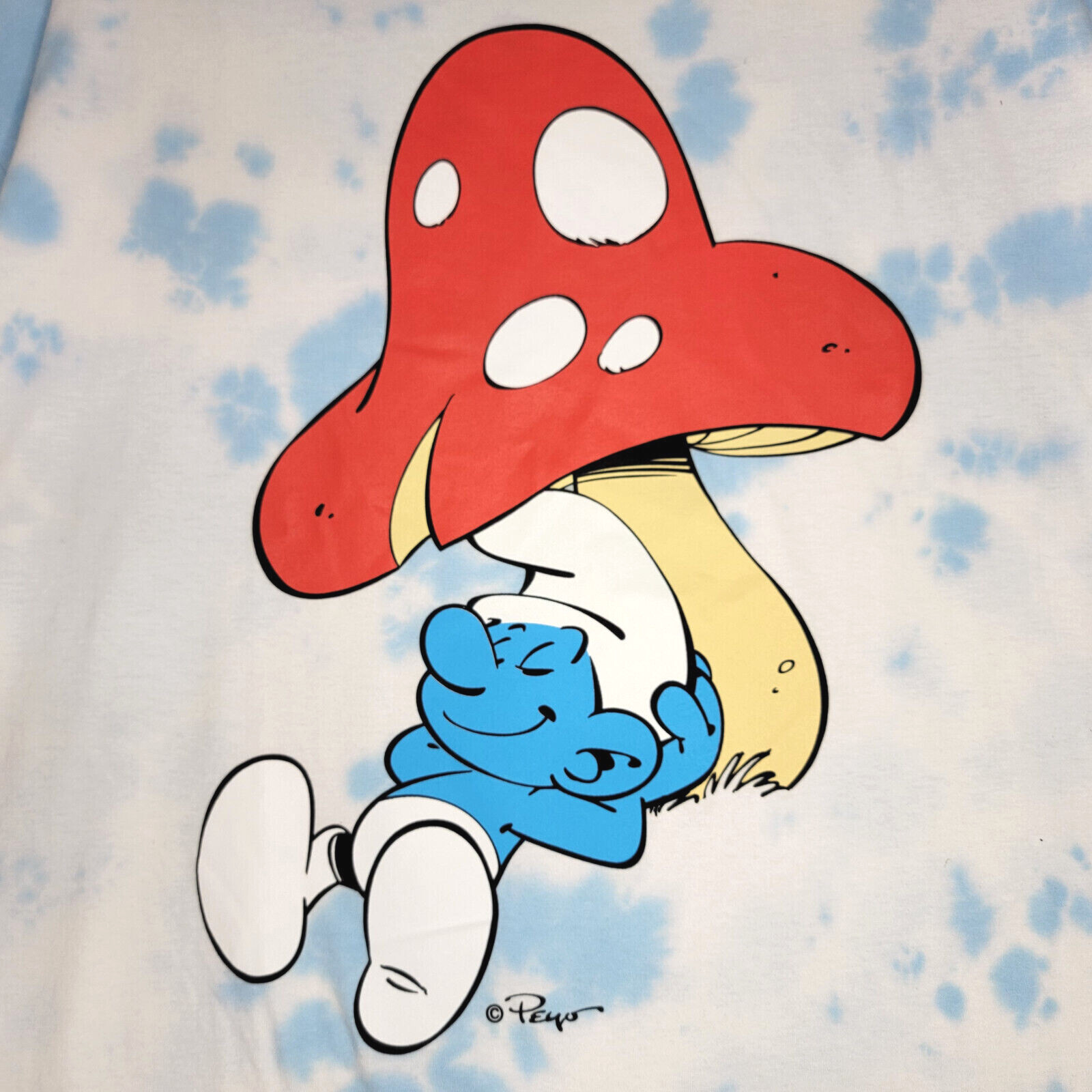 SMURFS Tie Dye SHIRT Mens Medium Blue White Mushroom Casual Animation NWT