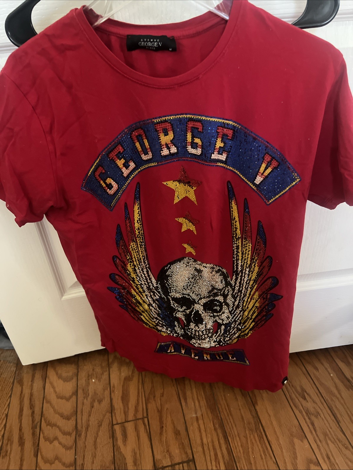 Avenue George V Paris Men&rsquo;s Short Sleeve Red T-shirt Skull rhinestone M