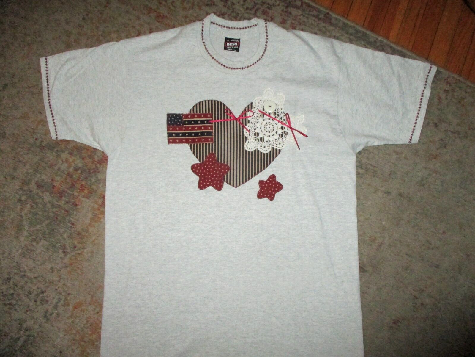 vtg 80s 90s EMBROIDERED APPLIQUE T SHIRT Heart USA Flag Lace Country Charm Large