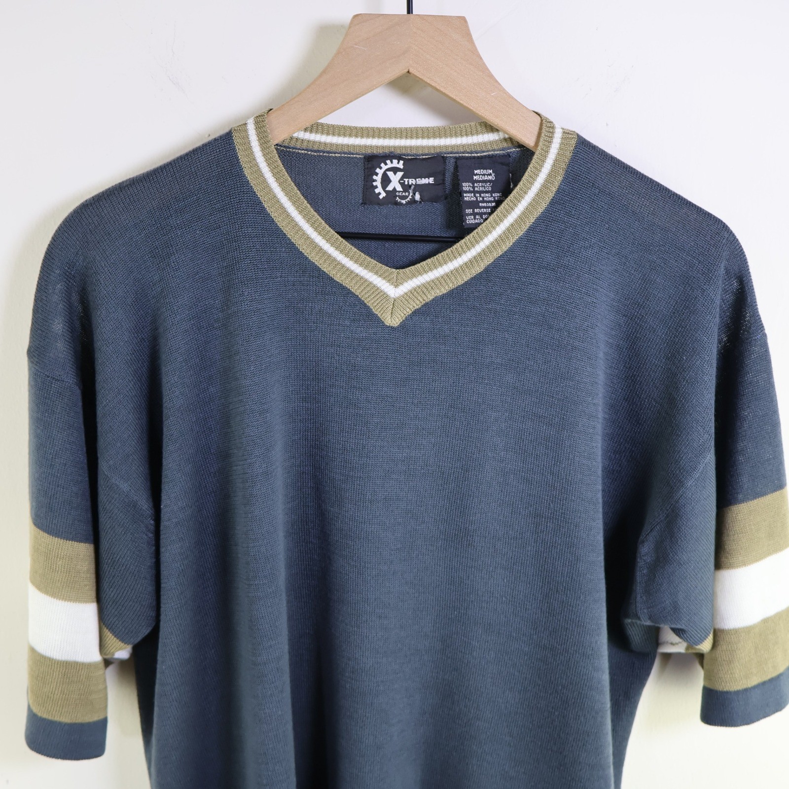 Vintage X-Treme Gear V-Neck Acrylic Shirt Size Medium Retro Striped Navy Blue