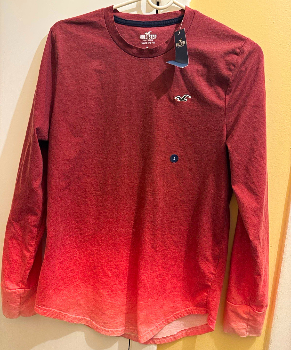 Hollister Men&rsquo;s S Red Logo Crew Neck Long Sleeve Solid T-Shirt