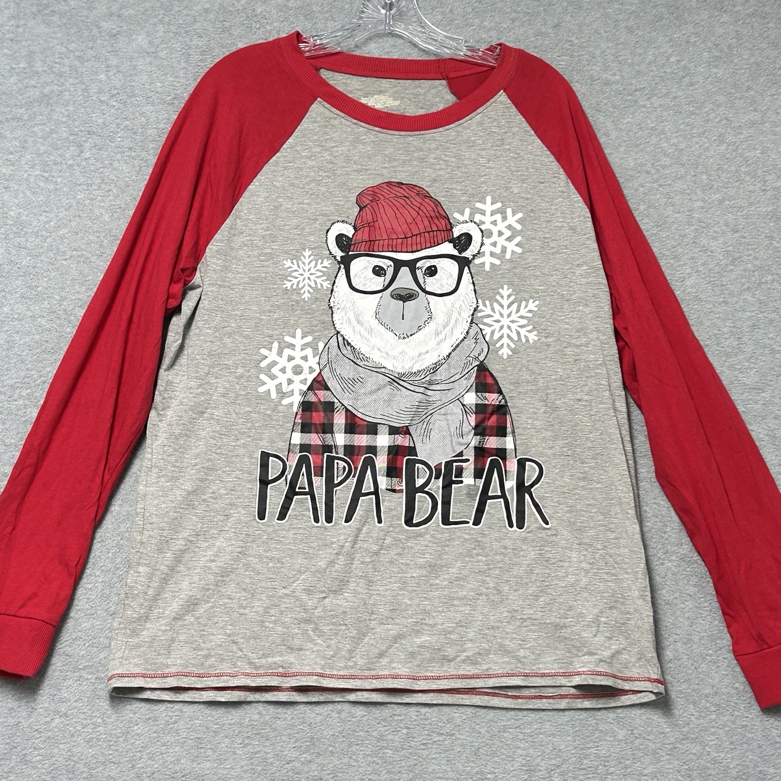 T-Shirt Mens Sz L Raglan Papa Bear Snow Flakes Christmas Graphic Red Gray