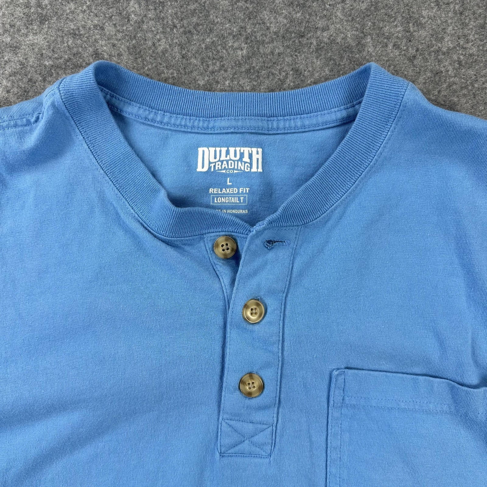 Duluth Trading Co Shirt Mens Large Blue Relaxed Fit Longtail T Henley Pocket