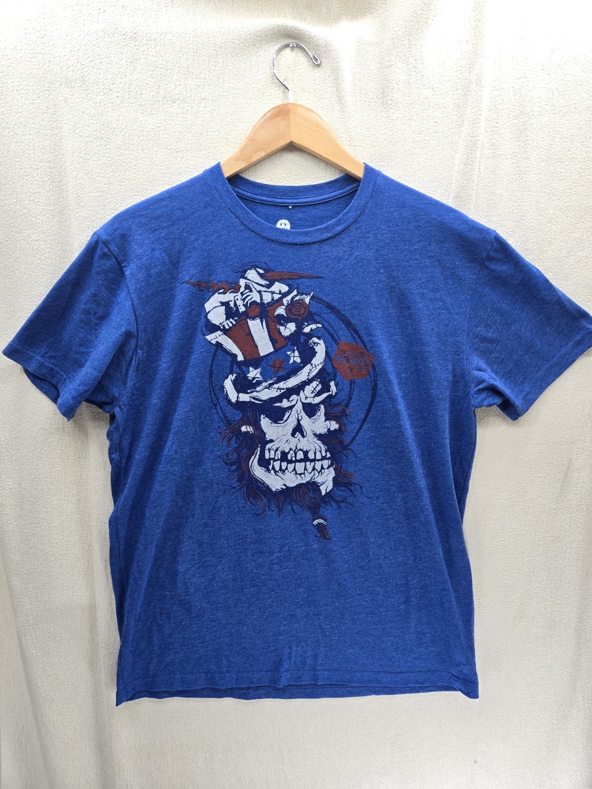 Deep Ellum Brewing Co T Shirt Mens Size-L Blue Heather Uncle Sam Skull Dallas TX