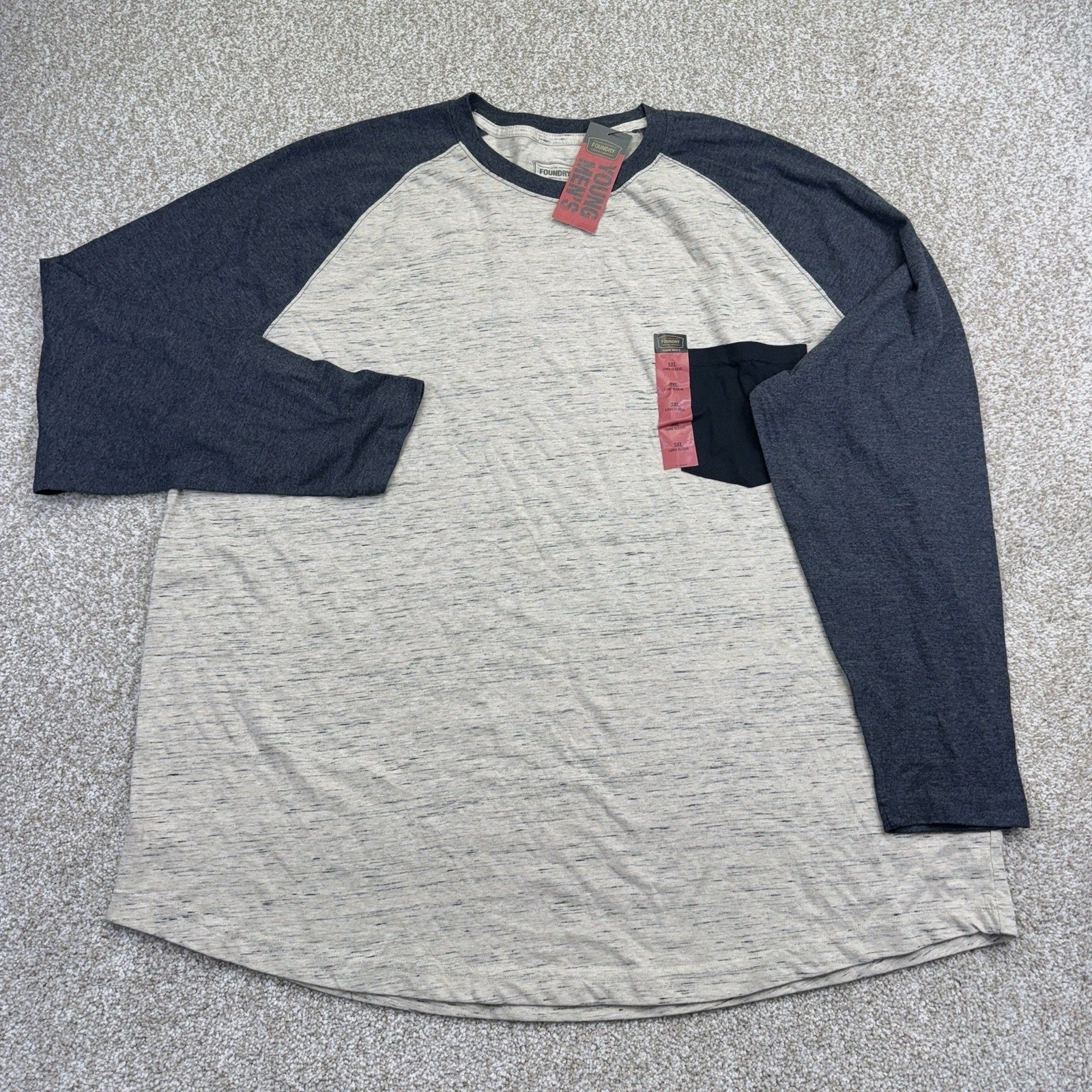 NEW Foundry T Shirt Mens Big Size 3XL Beige Gray Colorblock Long Sleeve Raglan
