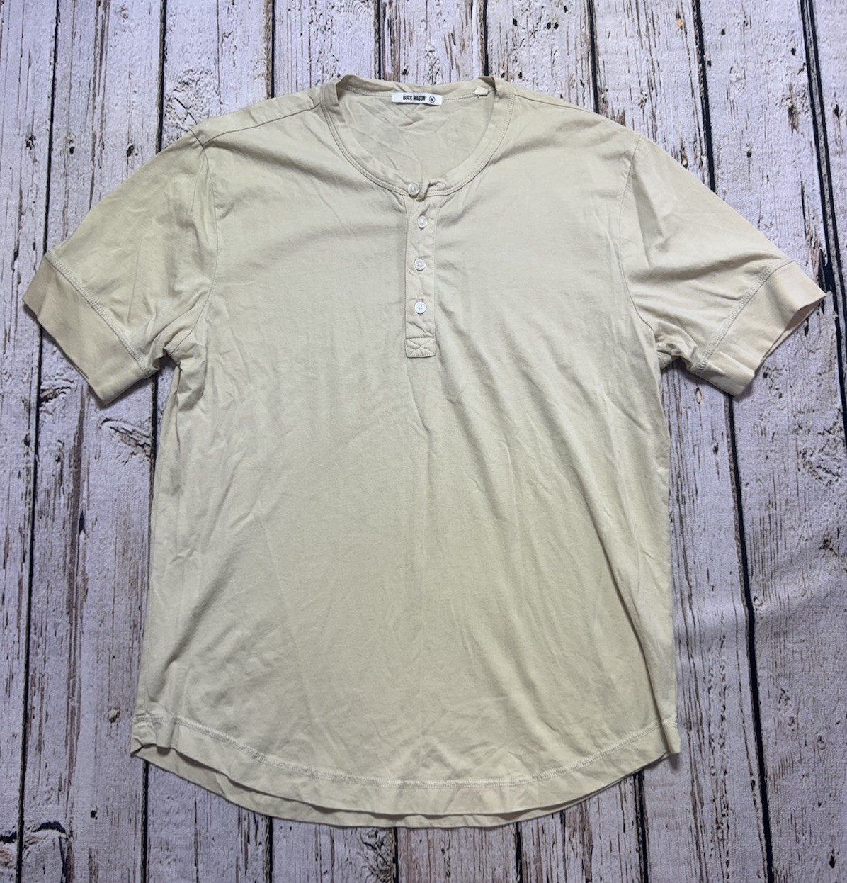 Buck Mason Mens Size Medium Beige Short Sleeve Henley Shirt 100% Cotton