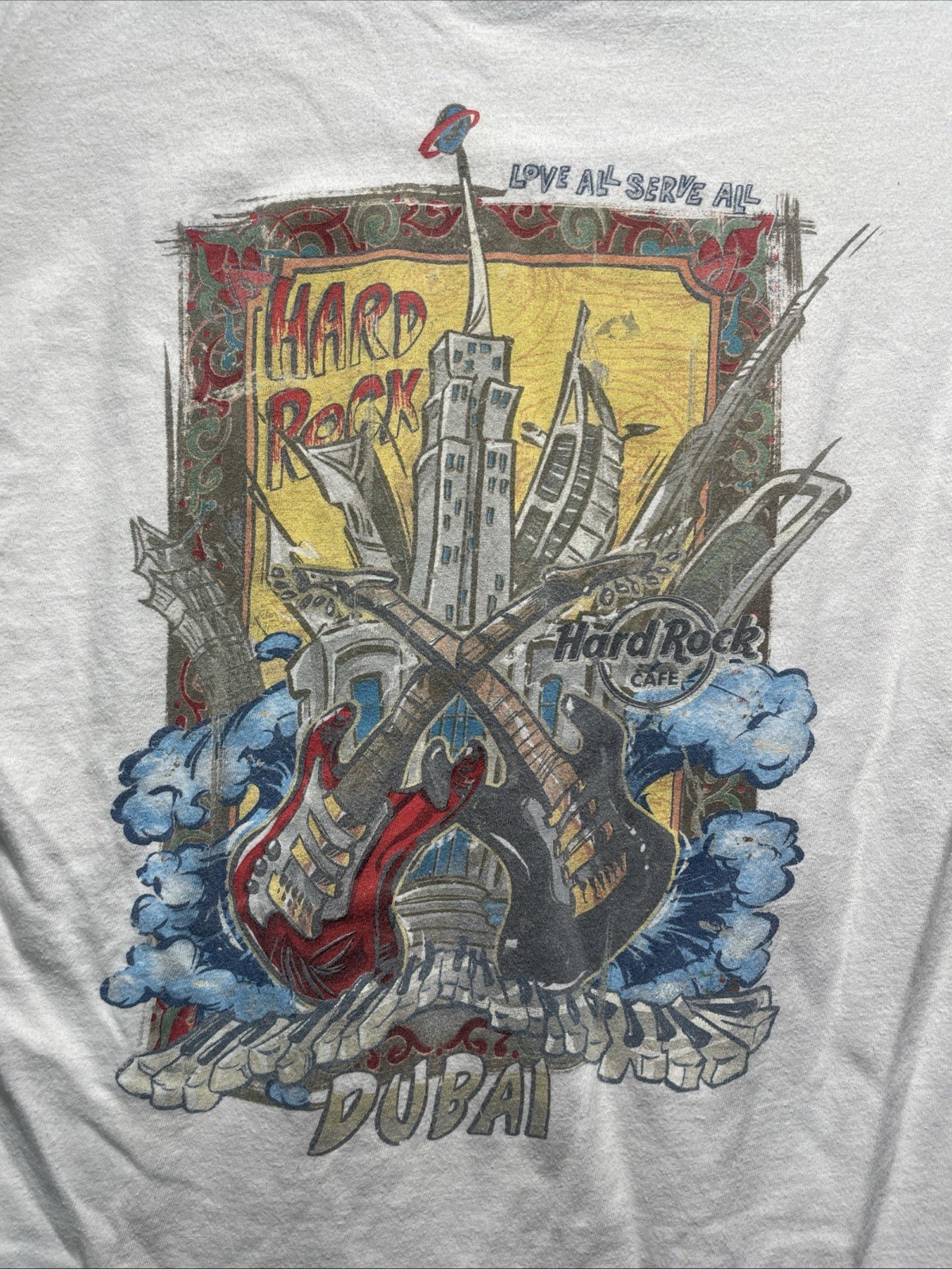 Hard Rock Cafe Dubai Graphic Tee Dual Sided Love All Serve All Shirt Mens SZ M