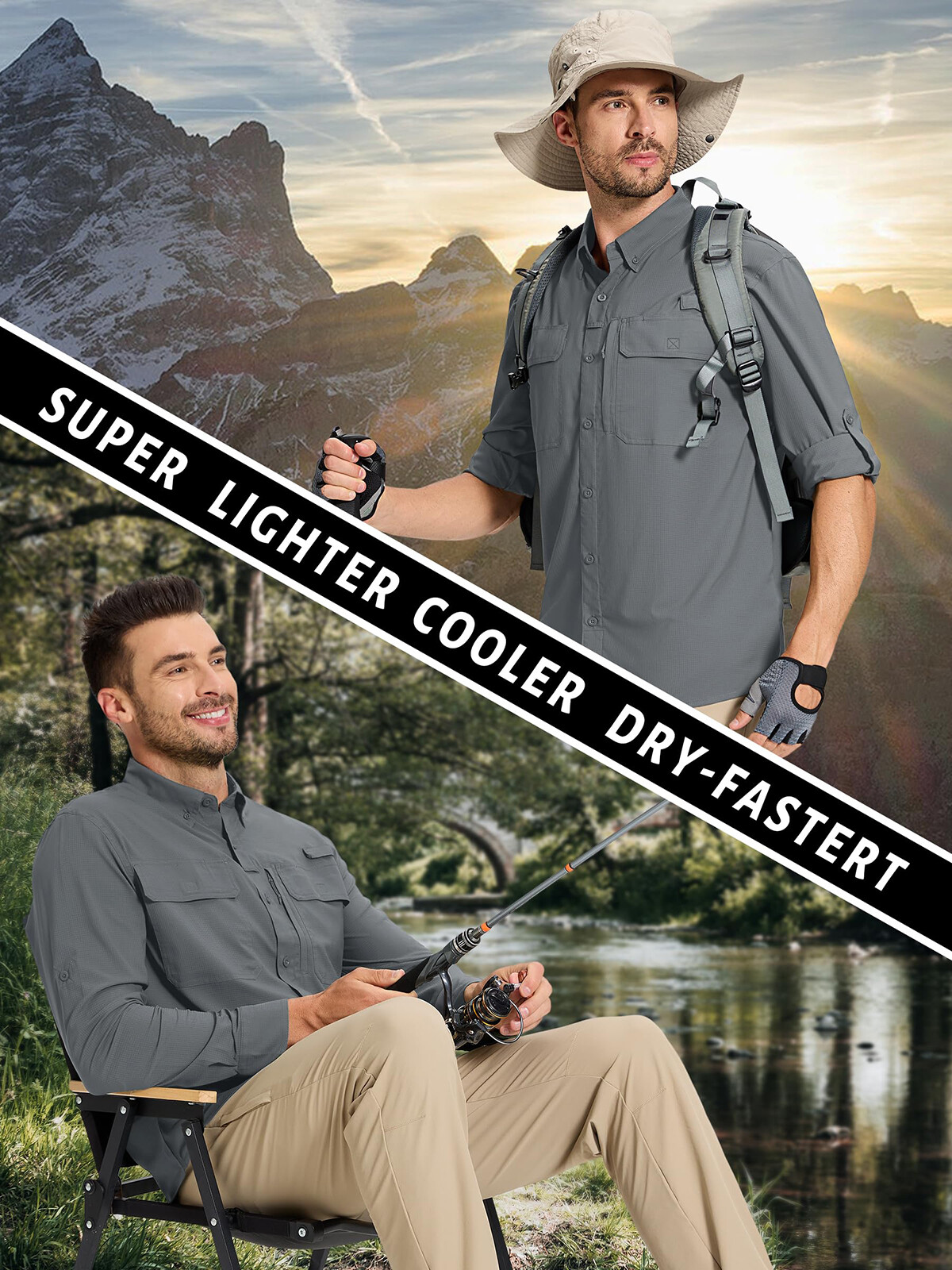 Mens Fishing Shirts Long Sleeve Sun Protection UPF50+ Quick Dry Button Down Tops