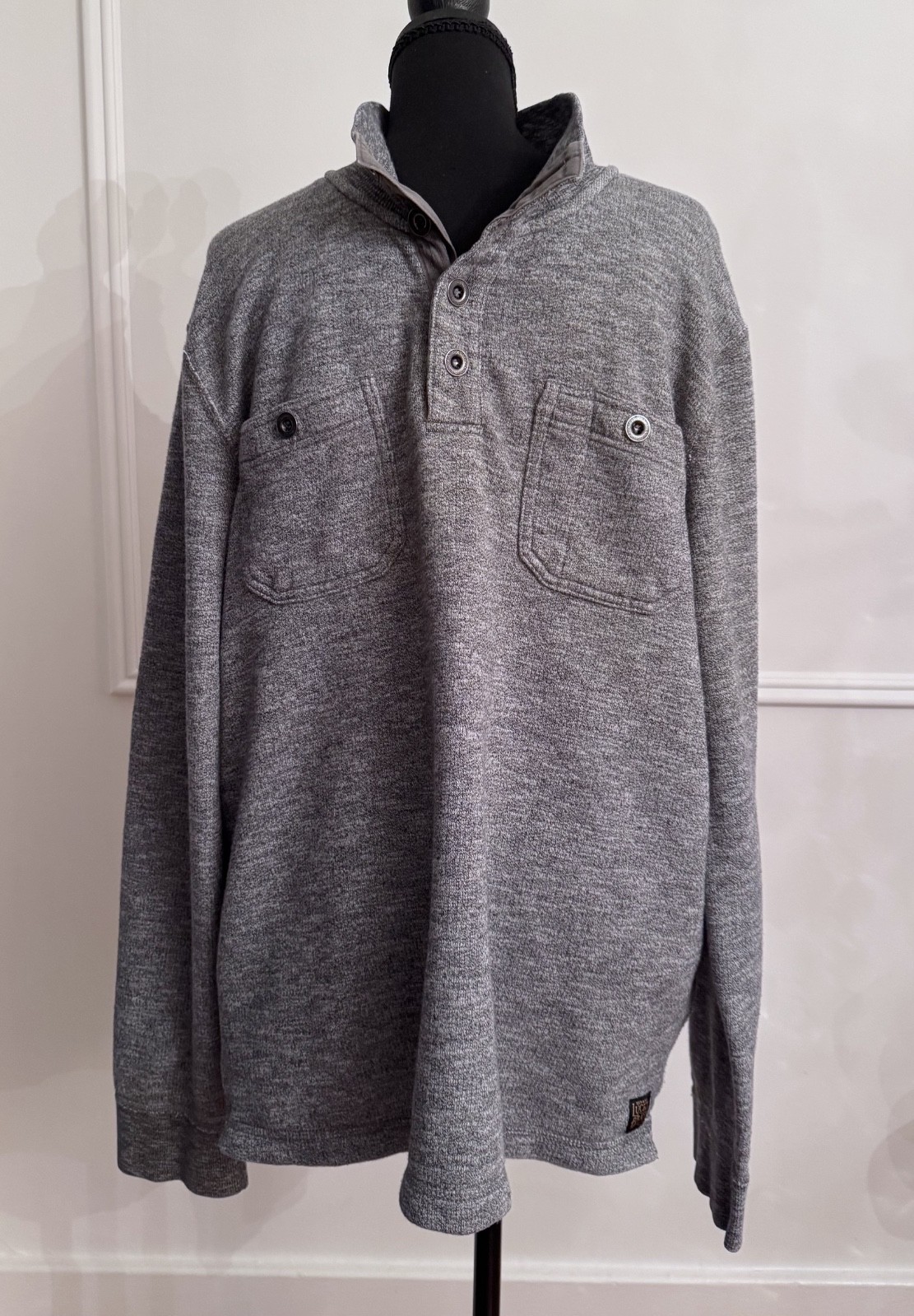 Lucky Brand Henley XL Gray Mock Neck Pullover Long Sleeve Cotton Pockets EUC