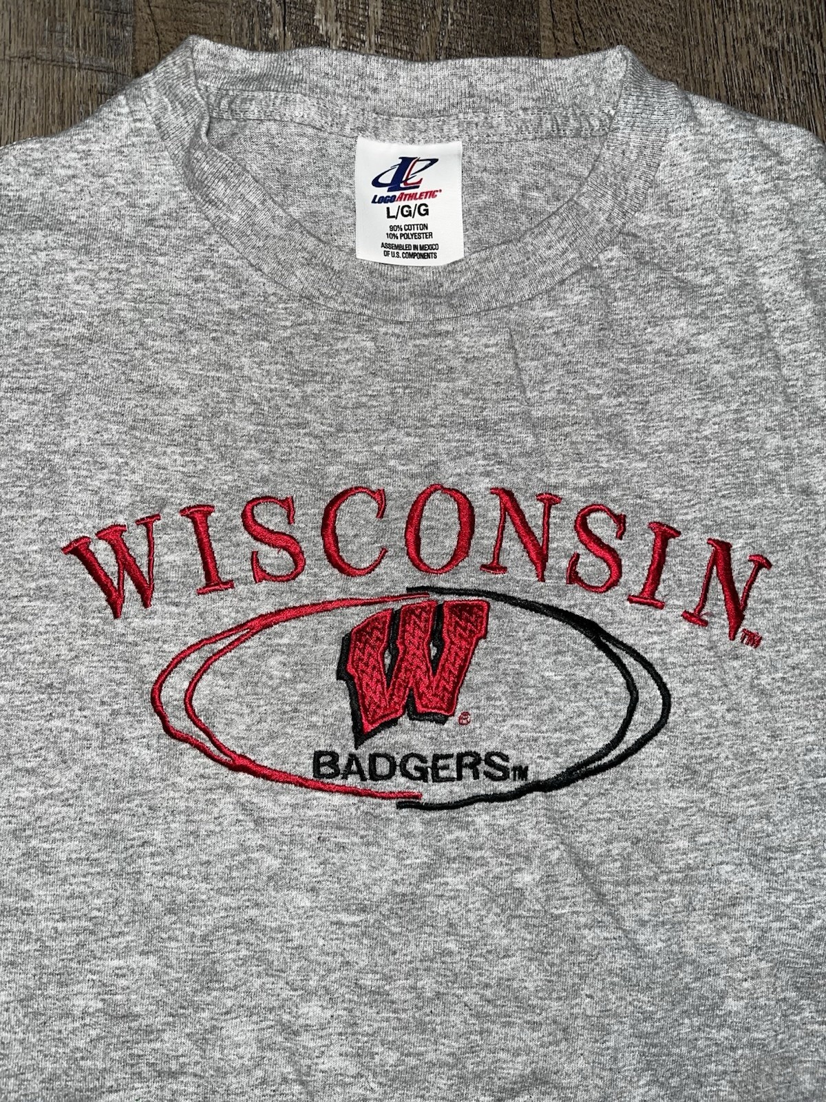 Vintage Logo Athletic Gray and Red Wisconsin Tee Short Sleeve Embroidered Size L