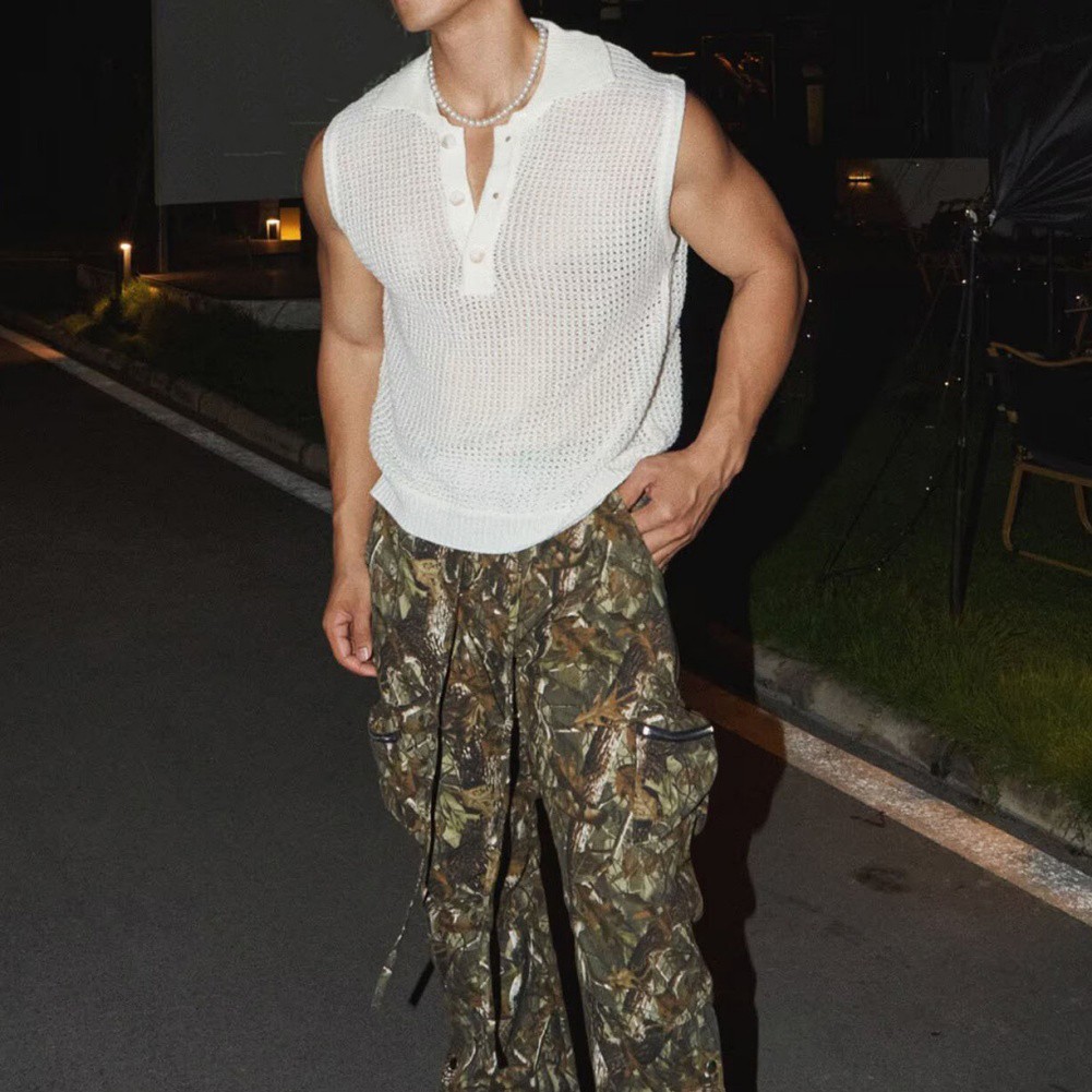 Mens Summer Top Gym Workout Men Knitted Tank Knitted Fabric Hollow Design
